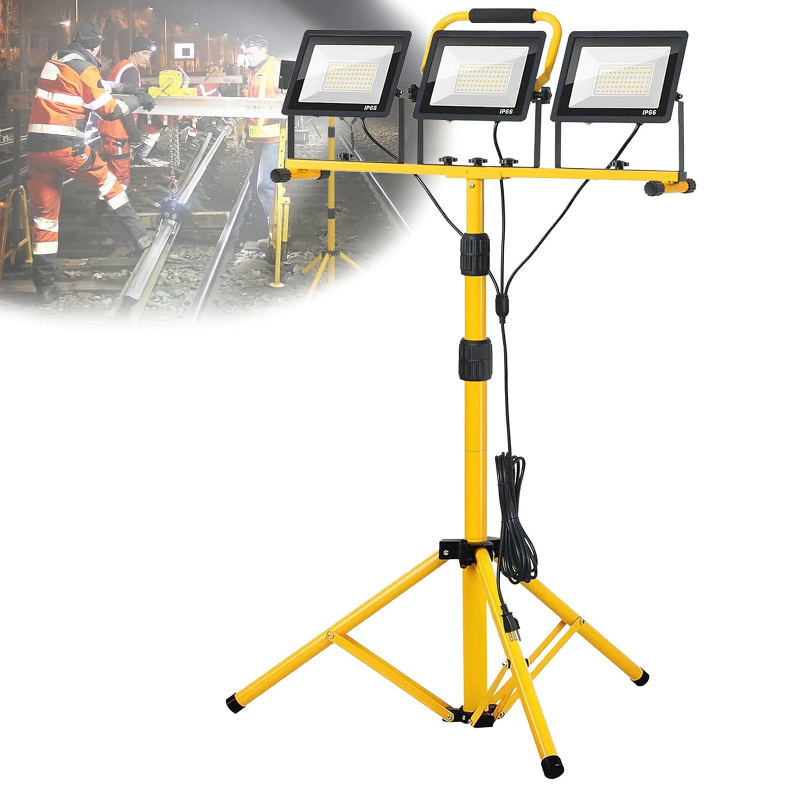 Lampa robocza LED z regulowanym składanym statywem, wodoodporna przenośna lampa robocza IP66, do warsztatu na zewnątrz, garażu, placu budowy,50W*3