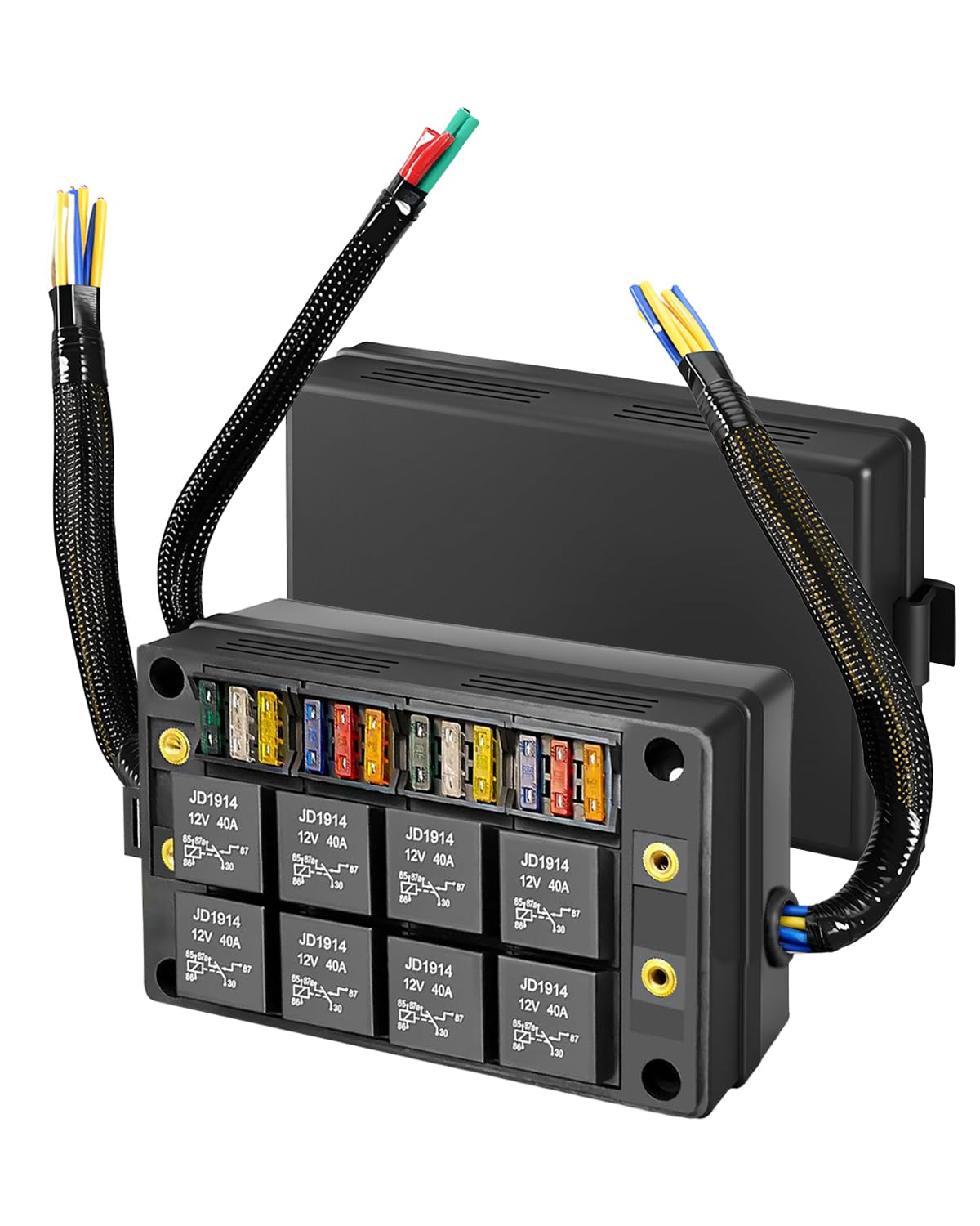 12 Volt Fuse Relay Box Fit for Car Trucks Boats RV Cars and Ships with 8 5-Pin Relays and 12 Fuses