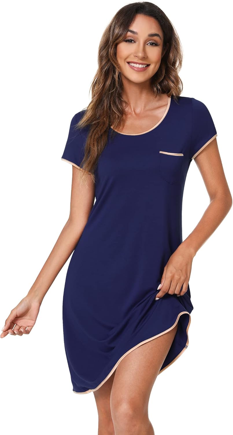 WiWi Bamboo Viscose Nightgowns for Women Soft Short Sleeve Sleep Nightgown Summer Lightweight Night Shirt S-XXL