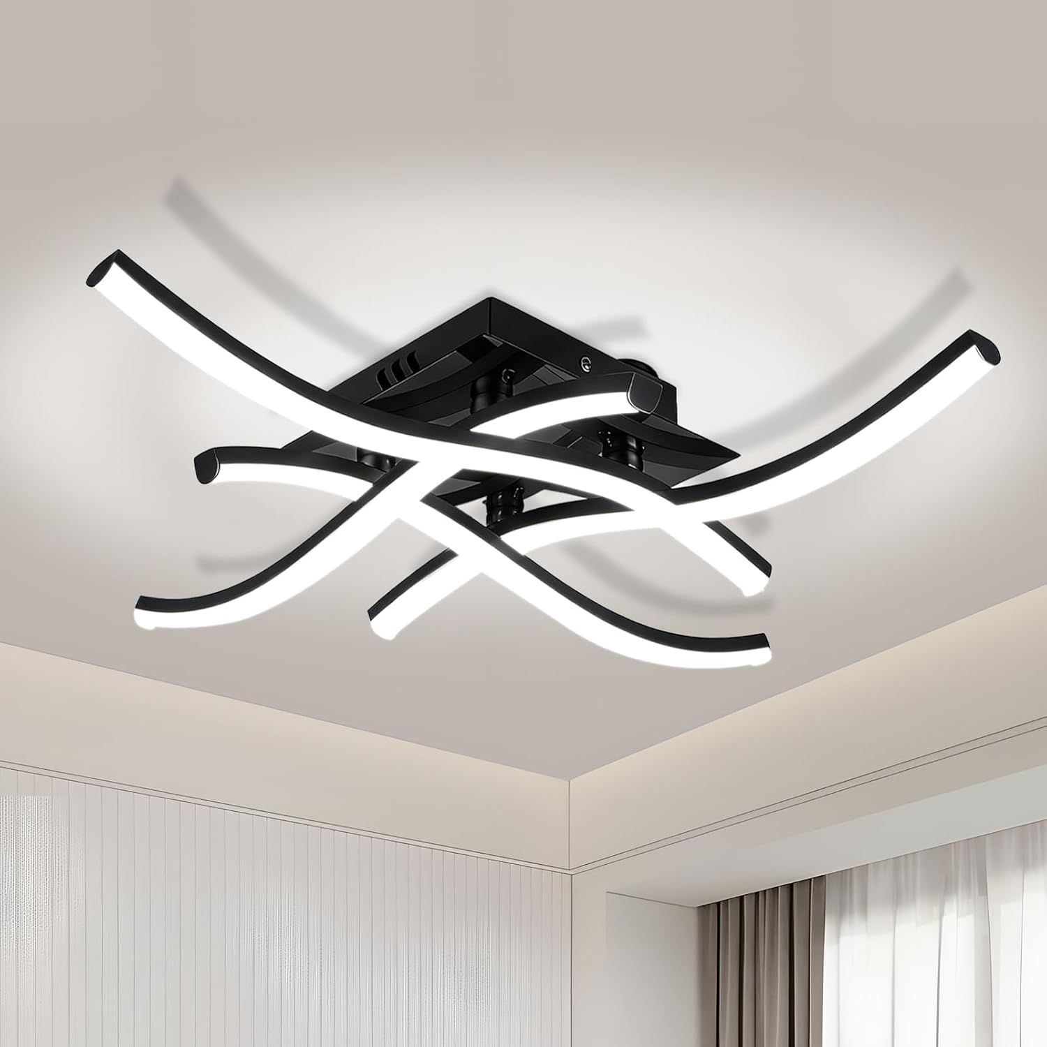 36W Modern LED Ceiling Light Fixture, 19.7Inch Curved Wave Ceiling Lamp with Remote for Bedroom, Kitchen, Hallway, Foyer Library Dining Room Silver 6000K Modern Ceiling Light Fixture