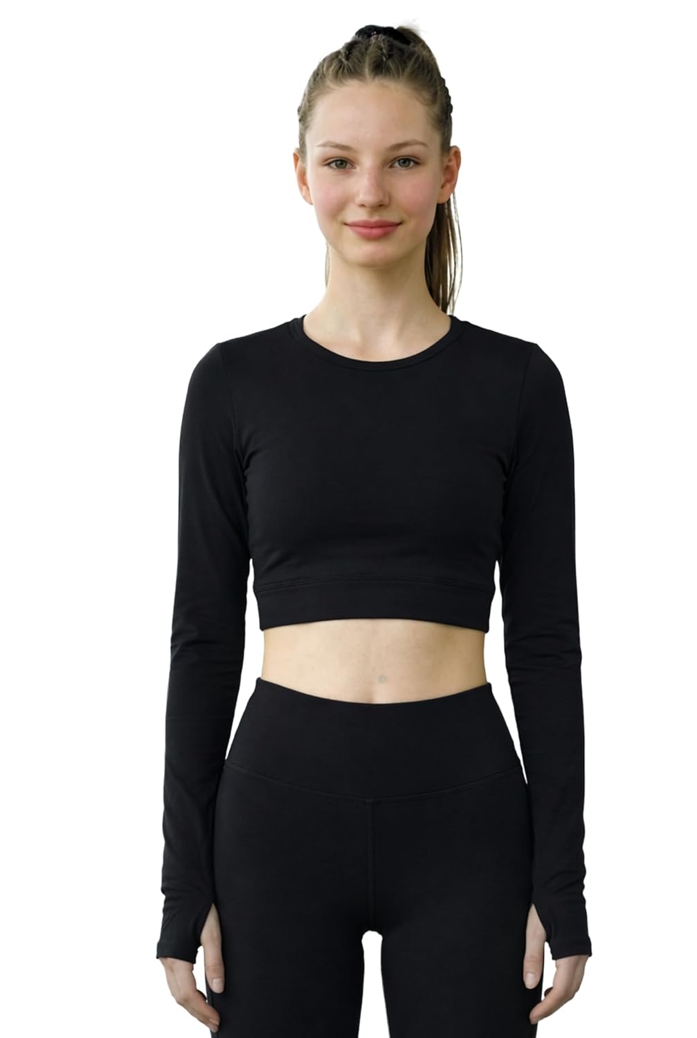 Women’s Long Sleeve Crop Top Tshirt, Round Neck, Stretchable, Fitted Activewear with Thumb Holes, Yoga and Workout Sportswear, Dry Fit Polyester Spandex