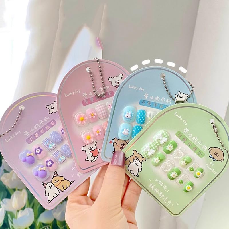 DORMITORRY Press on Nails for Kids, Cute Cartoon Fake Nails with Jelly Glue, Short Artificial Nail Art Kit for Girls, Reusable & Safe Nail Extensions for Easy DIY Manicure, 12 Pcs – Multicolor.