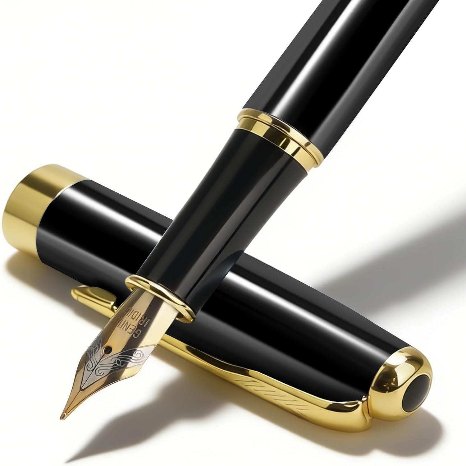 Black Luxury Fountain Pen for Men and Women with Gift Box, Black Lacquer with Gold Trim, Medium Nib, Journaling, Calligraphy, Smooth Writing Pens, Office