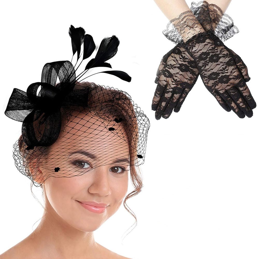 Hat for Women Hat Pillbox Hat, Bowknot Fascinator Hat Feathers Veil Mesh Headband and Short Lace Gloves Floral Lace Gloves, Tea Party Wedding Flower Cocktail Mesh Feathers Hair Clip