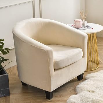Plush Velvet Tub Chair Slipcover High Stretch Solid Color Decorative Wear Resistant One Piece Barrel Accent Armchair Sofa Furniture Protector Wrap Beige