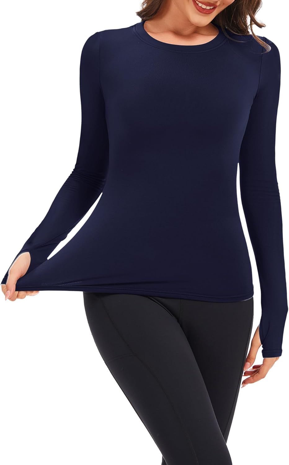 Womens Long Sleeve Thermal Tops Ladies Fleece Lined Baselayer Undershirt for Winter Cold Weather with Thumb Holes