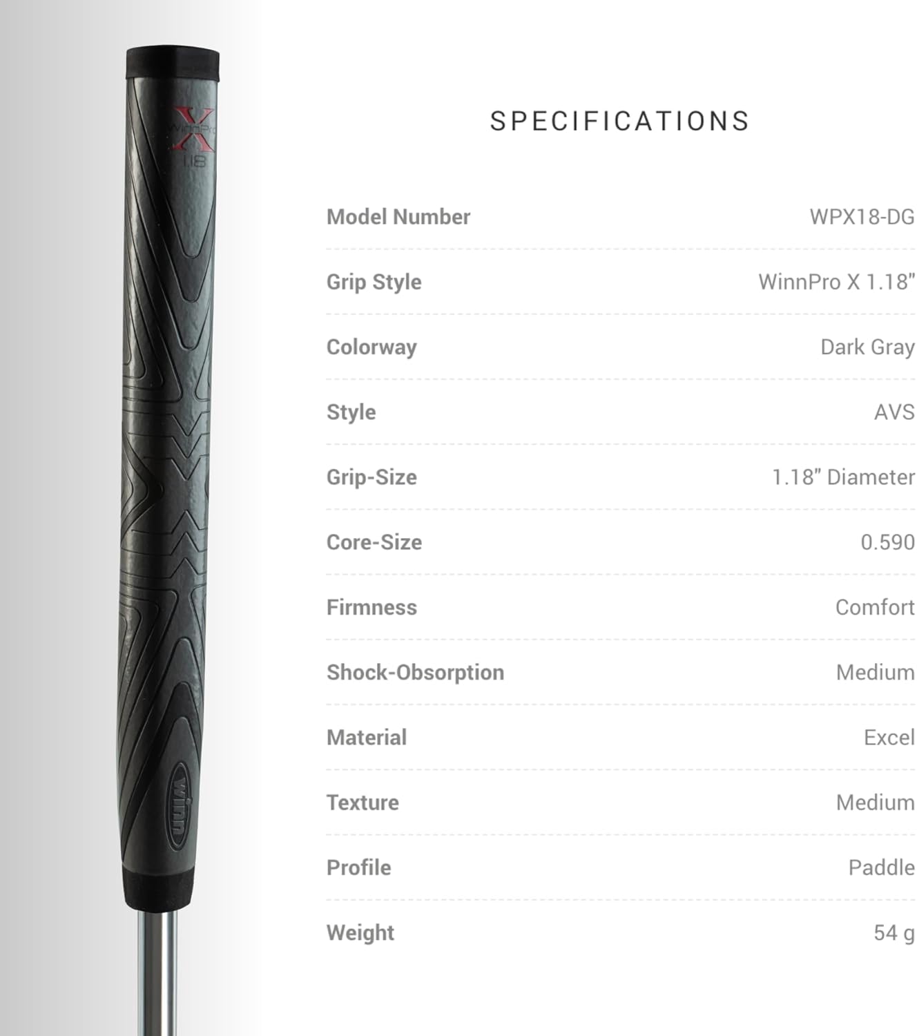 Winn Pro X 1.18 Putter Grip (Midsize, Gray/Black),Winn Pro X 1.18 WPX18-DG