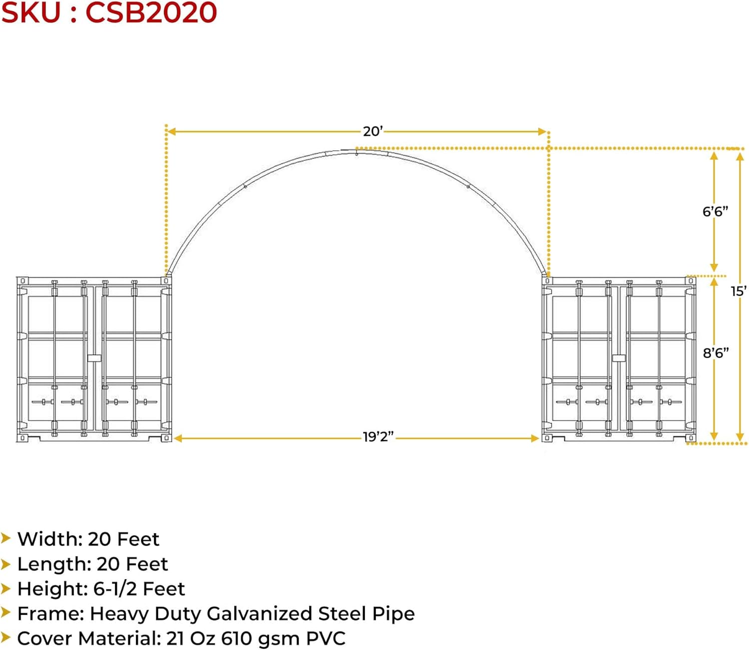 Mytee Products Shipping Container Canopy Shelter Kit - 20'(L) x 20'(W) 21 Oz PVC White Cover Storage Container Roof and Front Wall w/Doors and Back End Wall - Snow, UV and Weather-Resistant