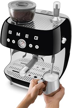 Smeg EGF03 Semi-Automatic Espresso Machine with Built-In Grinder, Dual Thermoblock, 50s Retro Style Black (120 V)