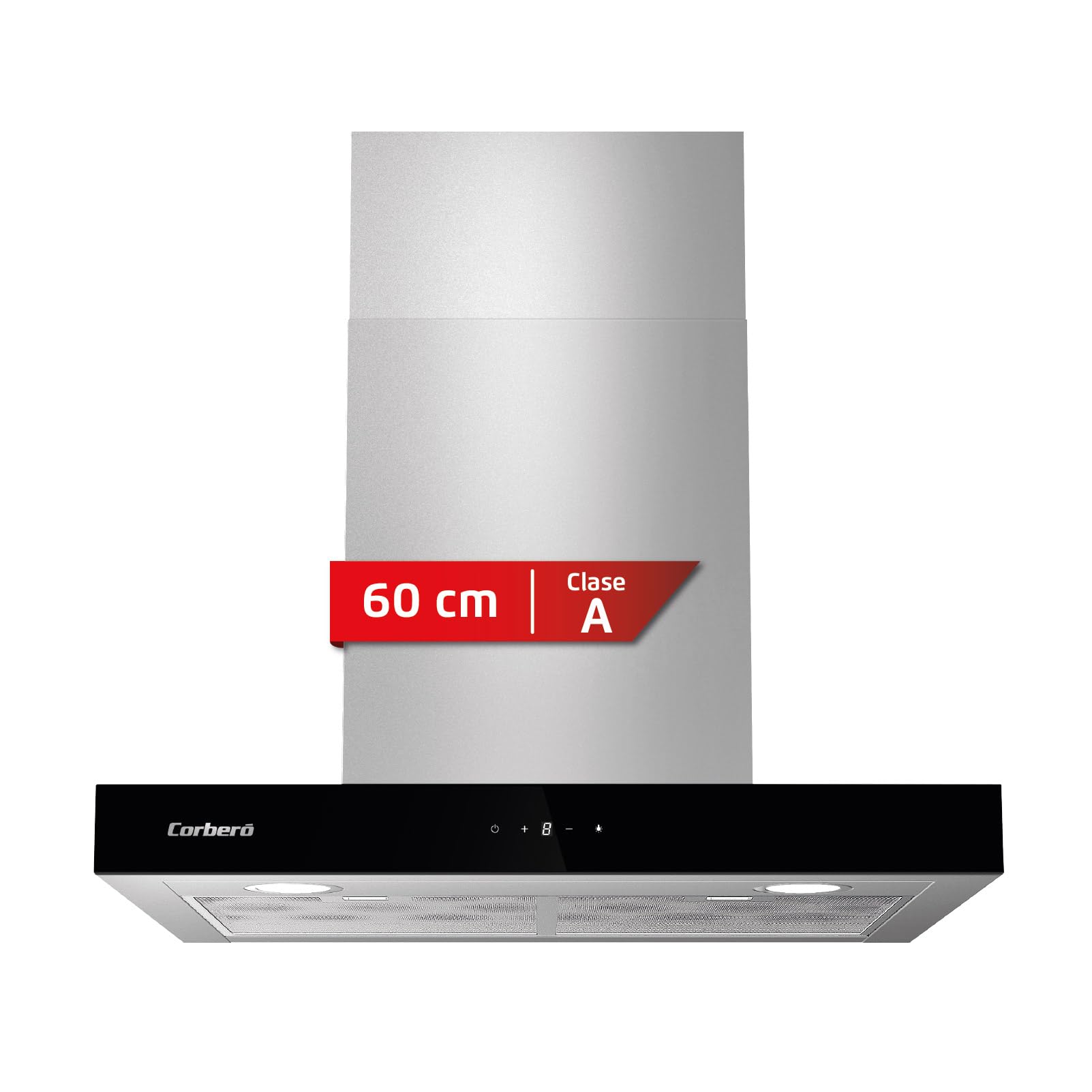 Cappa decorativa orizzontale nera, 60 cm, portata 750 m3/h, 230 W, 3 velocità, filtro alluminio 3 strati, filtro carbone, efficienza energetica A