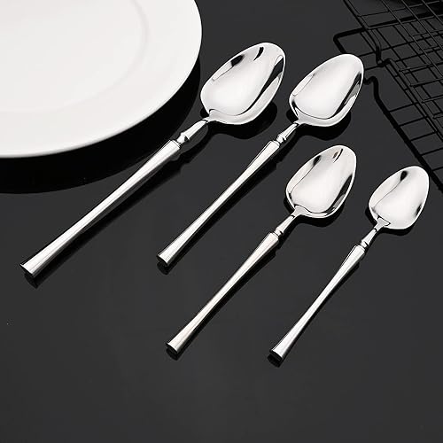 Miniatura 10 de JASHII Juego de vajilla de lujo de 20 piezas de plata para 4 cubiertos con cuchara tenedor de ensalada, juego de utensilios de cubertería, pulido
