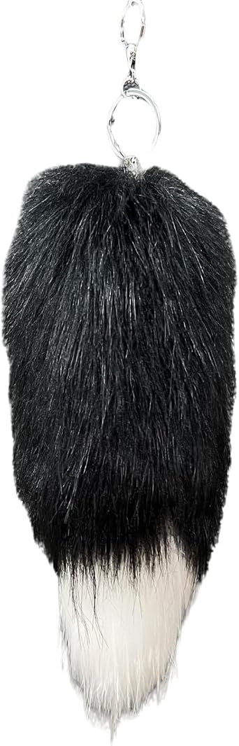 Fluffy Faux Fox Fur Tail Keychain, Realistic and Soft, Durable Hook Pendant for Cosplay, Party Costume, and Bag AccessoryBlack with white tip