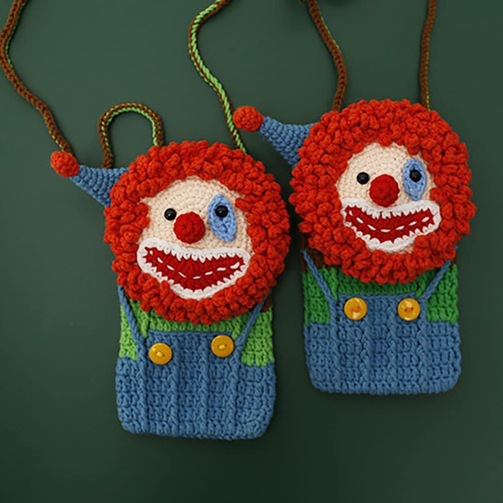 Funny Handmade Woven Mini Crossbody Shoulder Bag, Crochet Clown For Women Cell Phone Purse Travel Pouch