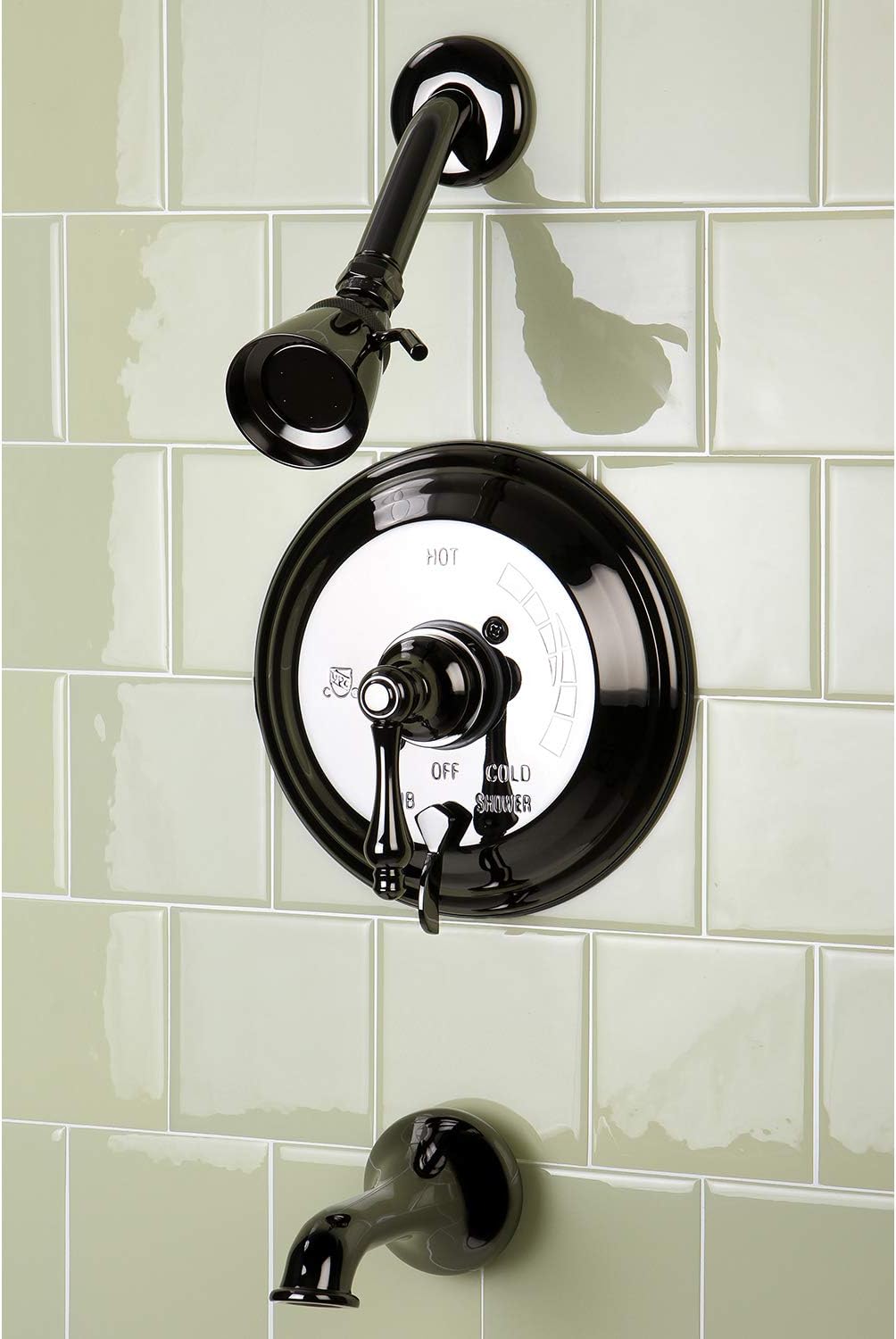 Kingston Brass NB36300AL Water Onyx Pressure Balanced Tub & Shower Faucet with Metal Lever Handle and Vintage Spout, Black Stainless Steel
