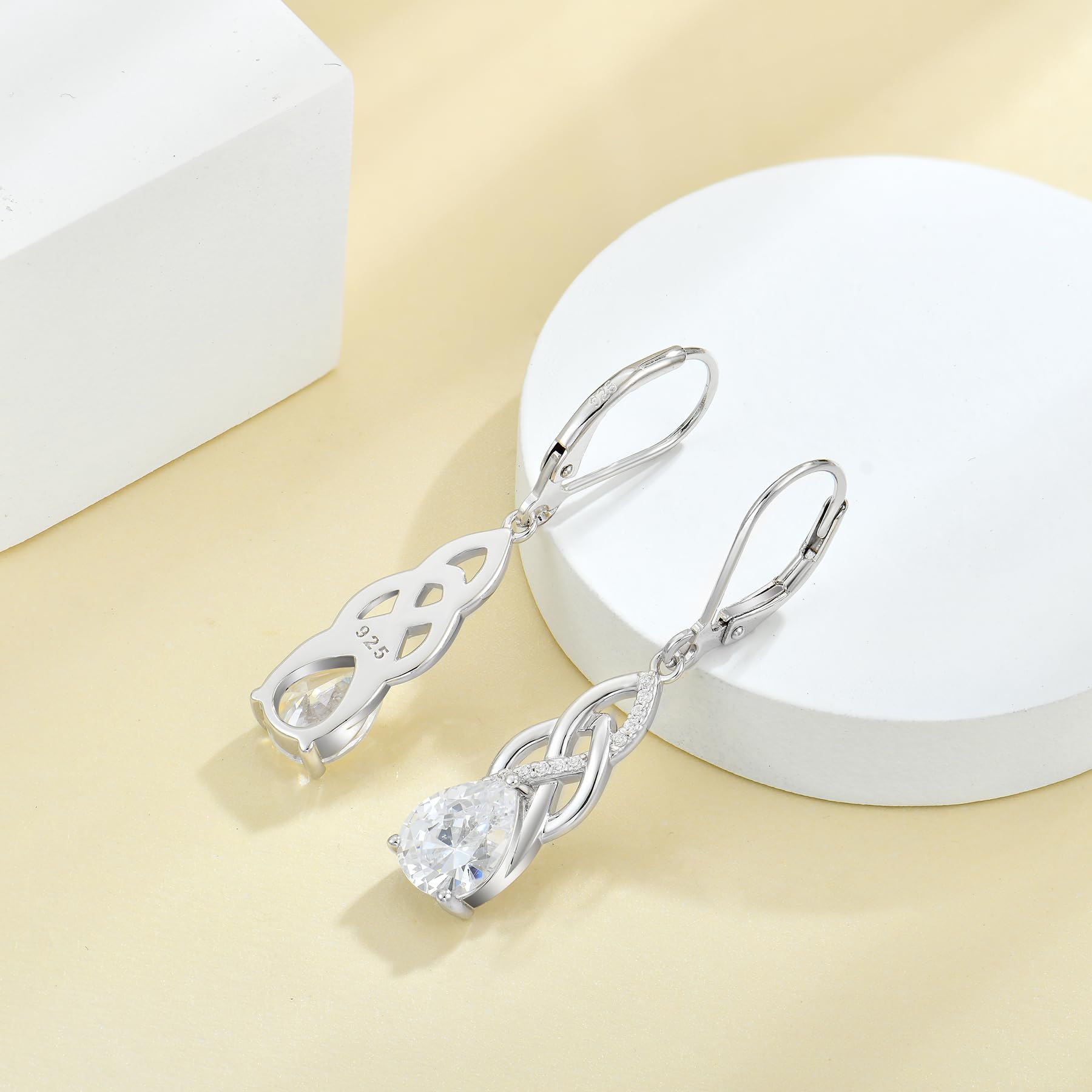 JO WISDOM Damen Hängende Ohrringe Silber 925 Unendlichkeits Keltischem Knoten Ohrhänger 3A Zirkonia Geburtsstein,Irischer Schmuck für Frauen