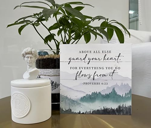 Miniatura 5 de Letrero de madera cristiana – Versículo de la Biblia Proverbios 4:23 – Guarda tu corazón, decoración cristiana de mesa para el hogar, decoración de