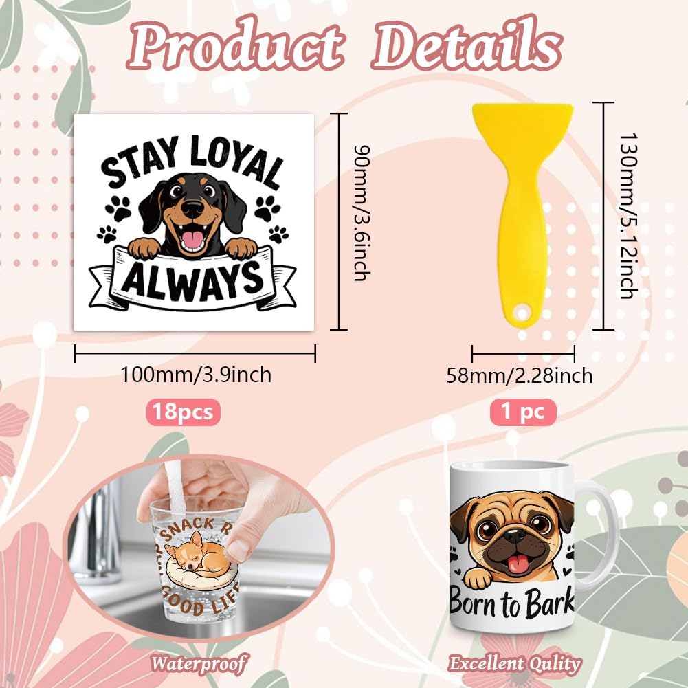 Peacoblue 18 Sheets Rub on Transfers for Crafts, Dog with Text 3.6"x3.9" UV DTF Cup Wraps Waterproof Cold Transfers Stickers for Wood Glass Metal Cup Tumblers Mirrors Mugs Home Decor