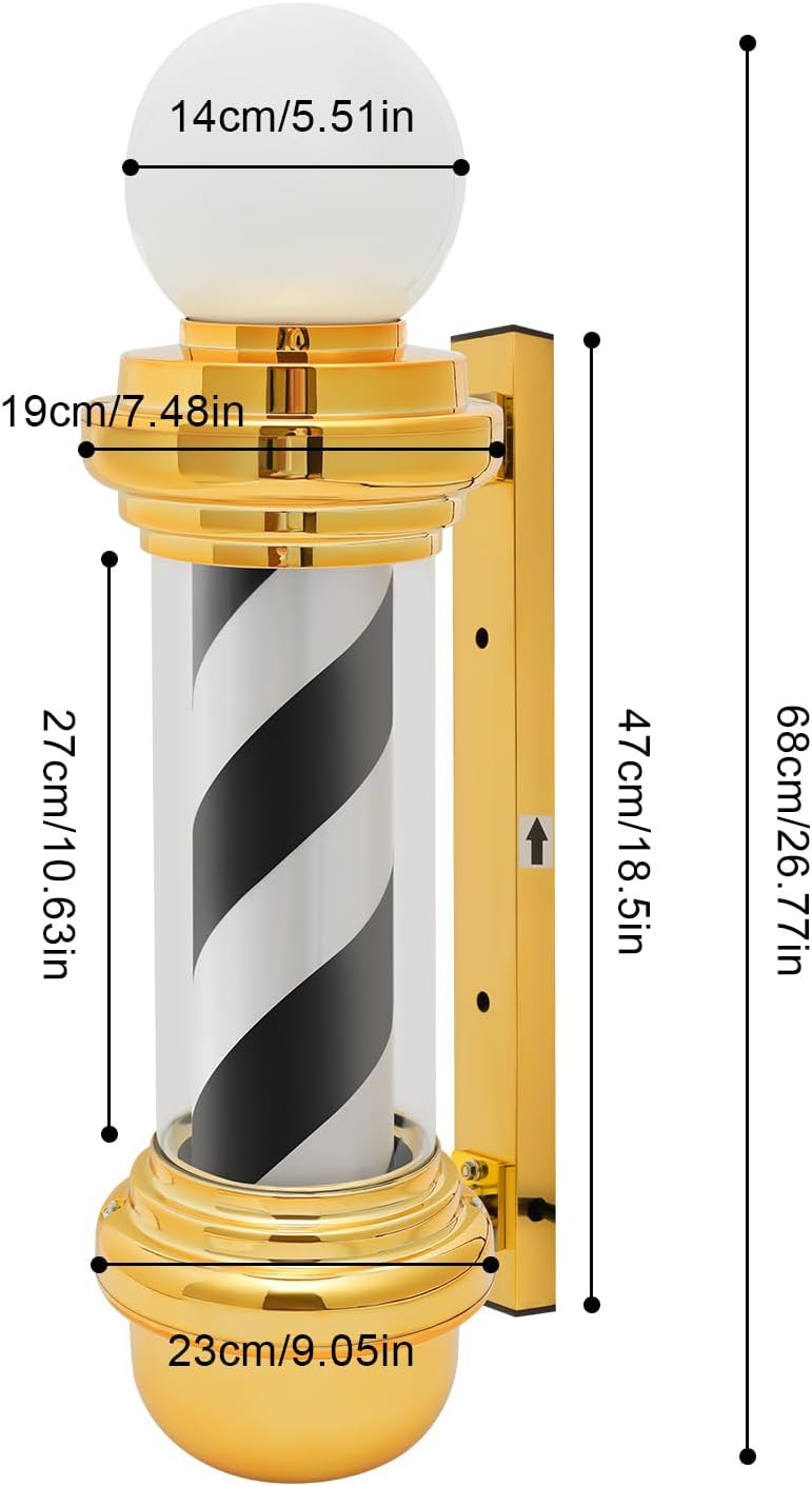 27'' LED Barber Pole Light, Barber Pole LED Sign, Golden Black White Rotating Hair Salon Open Sign, IP54 Waterproof, Save Energy, Wall Mount