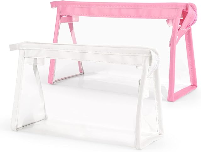 Maomaoyu 2PCS Clear Pencil Case Set for Exam, Large Capacity Pencil Case Clear, Exam Pencil Pouch PVC Zipper Travel Luggage Pouch Transparent Pencil Bag for Students, Makeup Pouch Women, White&Pink