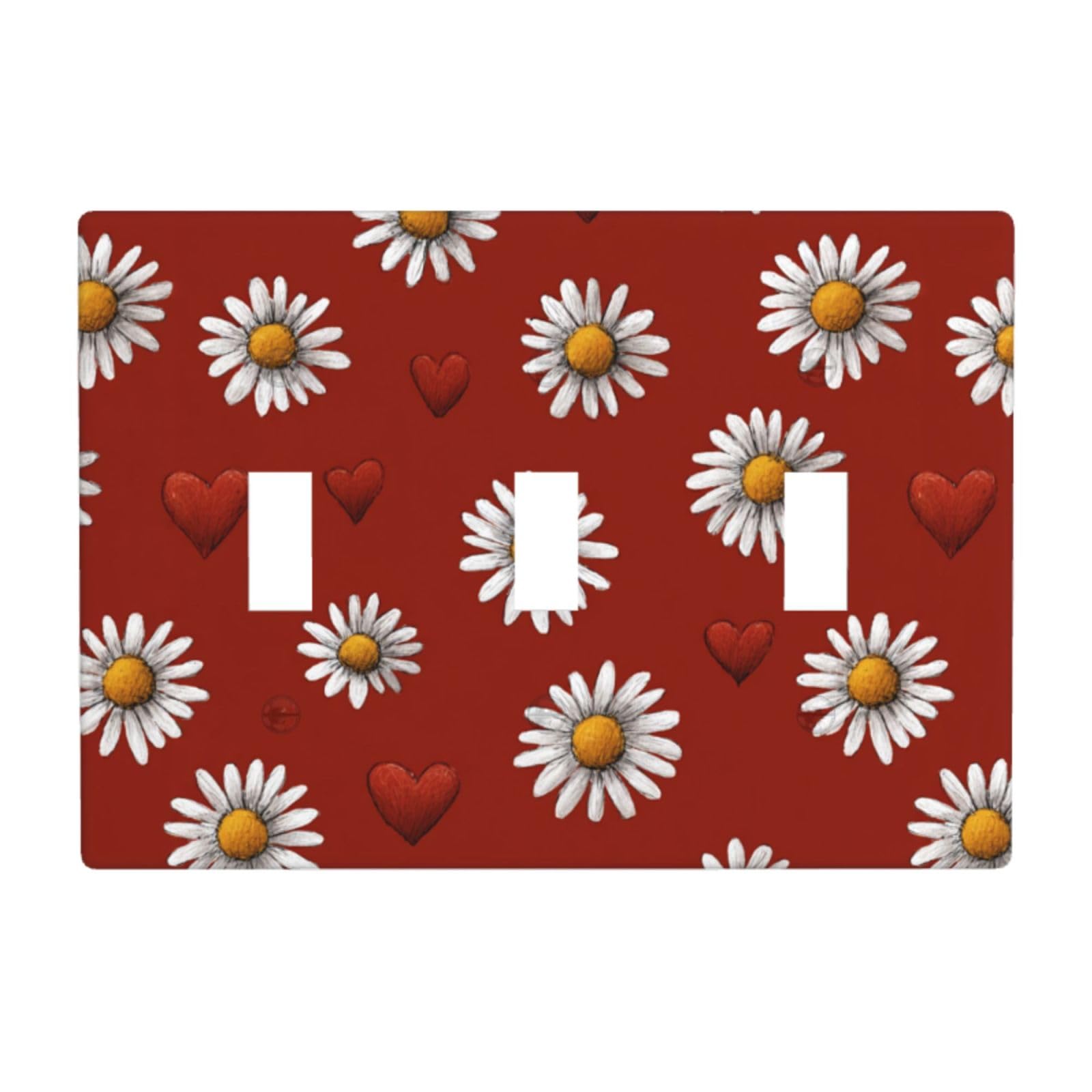 Woshuwo White Daisy Flowers Red Hearts Light Switch Covers 3 Gang Triple Toggle Wall Plate Switchplate Electrical Faceplate For Bathroom Kitchen Bedroom Decor