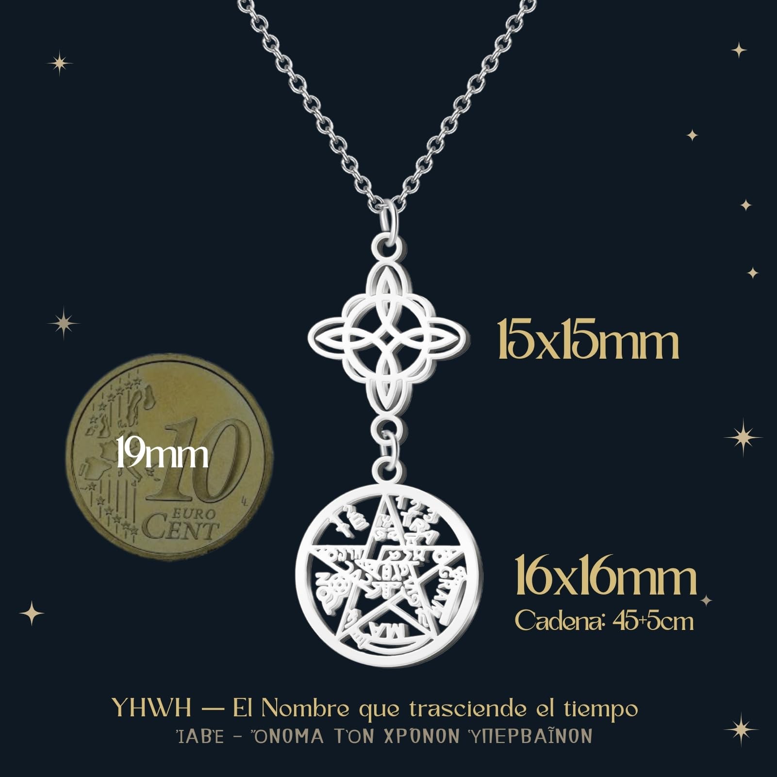 Cotigo- Collar para Mujer Nudo de bruja y tetragramaton amuleto de suerte y proteccion, doble proteccion, ojo turco, piedras de chakras.