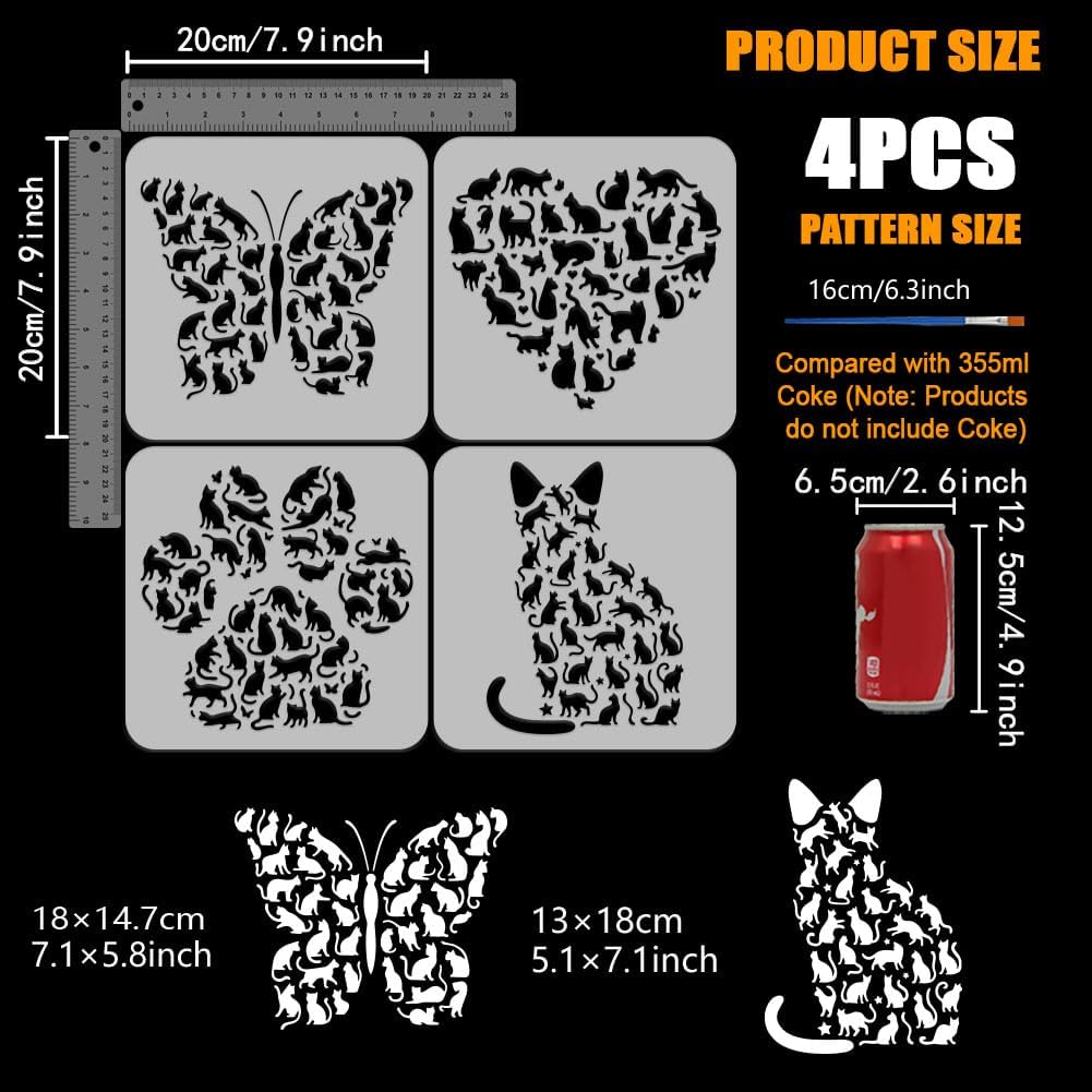 FINGERINSPIRE 4PCS Cat Shape Stencils with 1Pc Brush 7.9x7.9inch Cats Silhouettes Painting Stencil Hearts Butterflies Claws Shape Cats Template for Painting on Wood Wall Furniture DIY Home Decoration