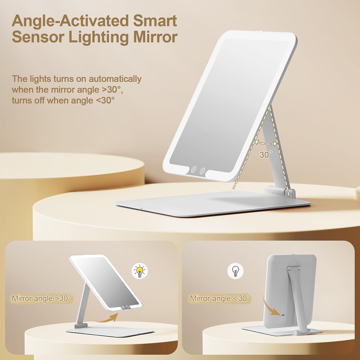 Benbilry Travel Makeup Mirror with Light, 15X Magnifying Mirror & 3 Color Modes, 1800mAh Rechargeable, Adjustable Height/Angle Stand, Foldable LED Vanity Mirror for Tabletop (White) - Image 6