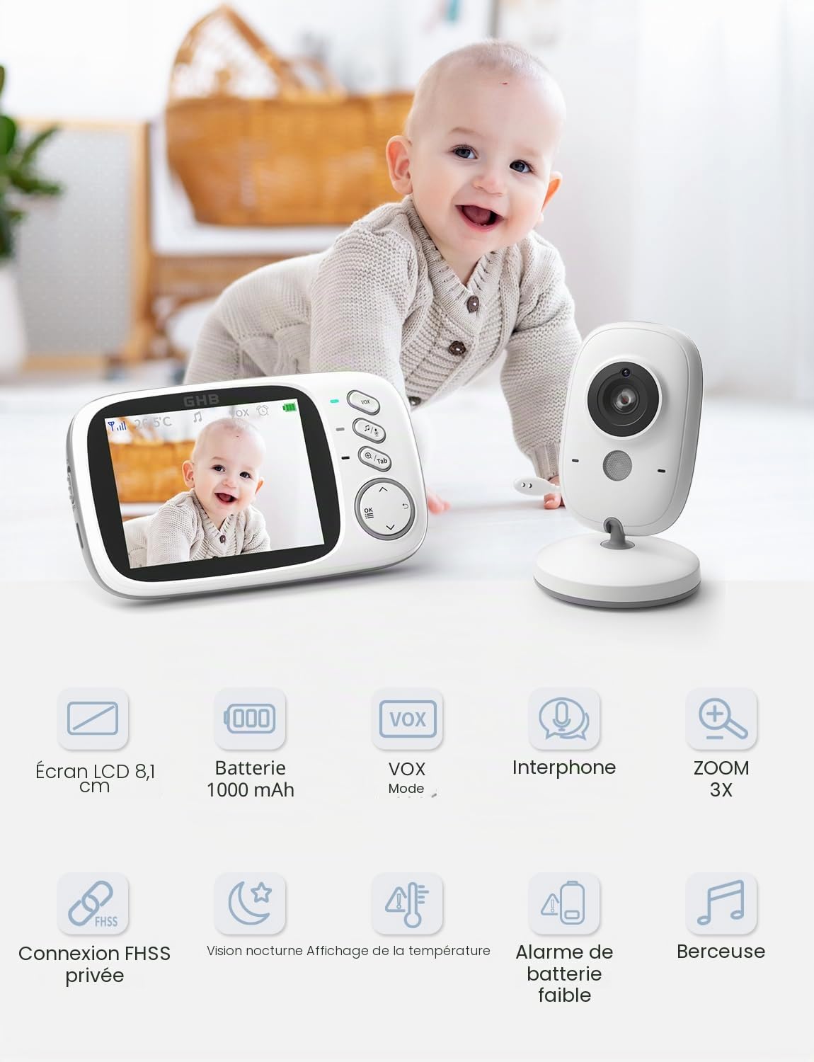 GHB Babyphone avec caméra 3,2" LCD moniteur bébé vision nocturne mode VOX berceuses et fonction interphone