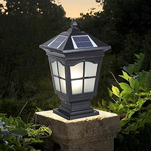 DAHGEO Luces de poste para exteriores sensor de lámpara solar LED con base de alimentación 2 modos luces de columna para exteriores lámpara de