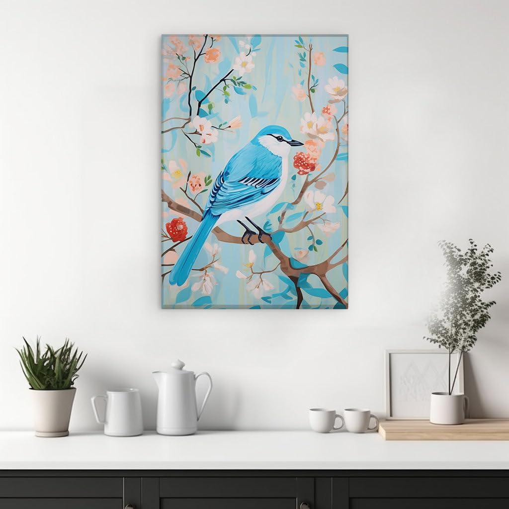 Canvas for Living room. Perching in Serenity: A Harmonious Vision of Bird and Blossoms, 27 x 18 inch Canvas Wall Art - Contemporary Masterpieces - Nature Home Decor - 69x46 cm (27x18 inch)