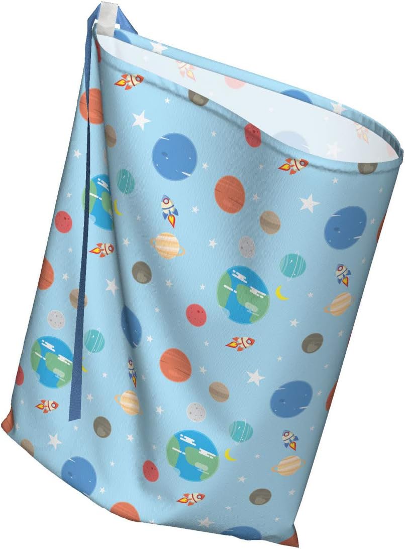 Ambesonne Space Gift Bag, Illustration of Colorful Space Elements Planets Cosmic Galactic Theme, Reusable Fabric Party Favor Pouch with 3 Ribbons, 27" X 32", Blue