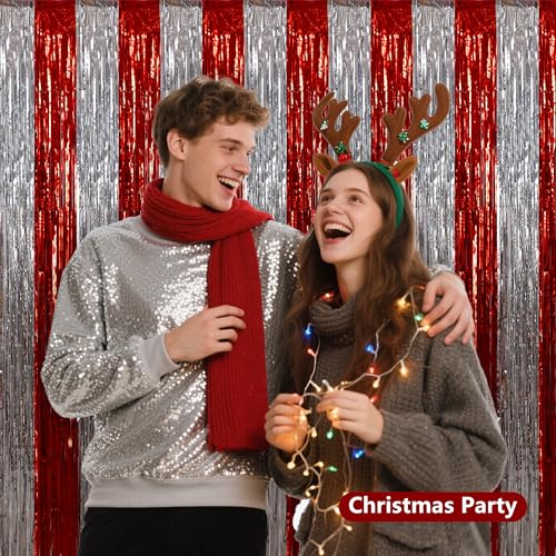Image of BEISHIDA Red Silver Door Streamers Backdrop Foil Fringe Tinsel Party Streamers Curtains Photo Backdrop - 2Pcs for Valentine's Day Birthday Graduation Christmas Party Decoations