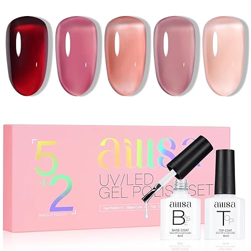 AILLSA Juego de esmaltes de uñas de gel de gelatina color rosa nude con base y capa superior, color burdeos, rojo vino y malva, kit de iniciación de