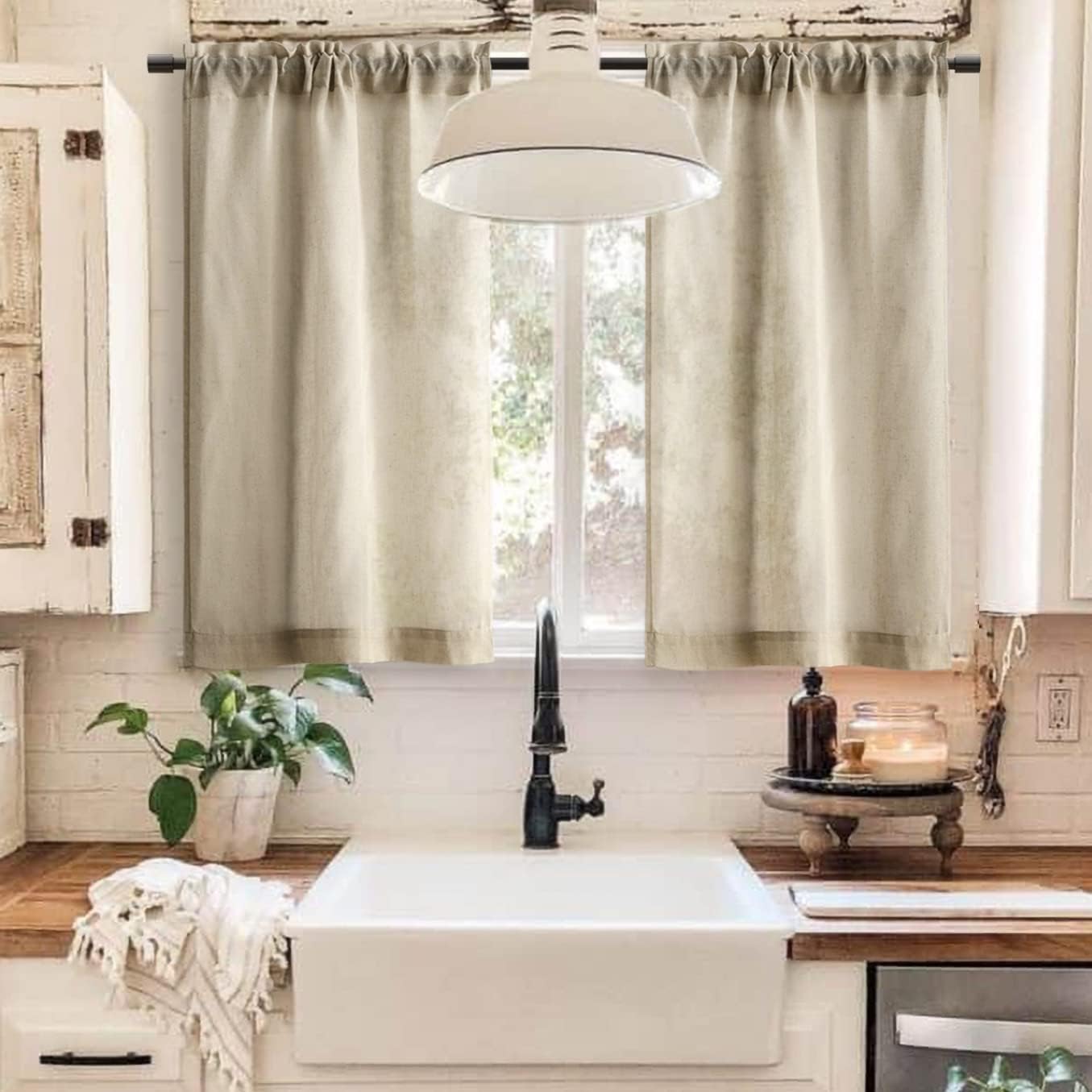 Rustic Curtains for Kitchen Window,Rod Pocket Linen Sheer Country Curtains for Short Windows,2 Panels Set,42 Inch Long,Tan