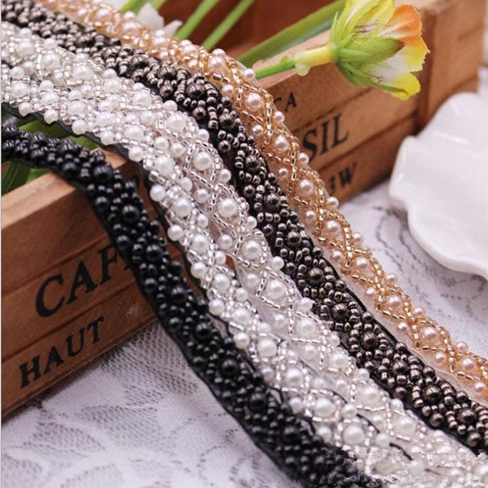 FQTANJU 1 Yards White Beaded Crystal Rhinestone Applique, Rhinetones Trim for Dress, Bridal Applique, Crystal Beaded Applique for Bridal Wedding, Party and Other Formal Occasions ( 1.5cm Wide )