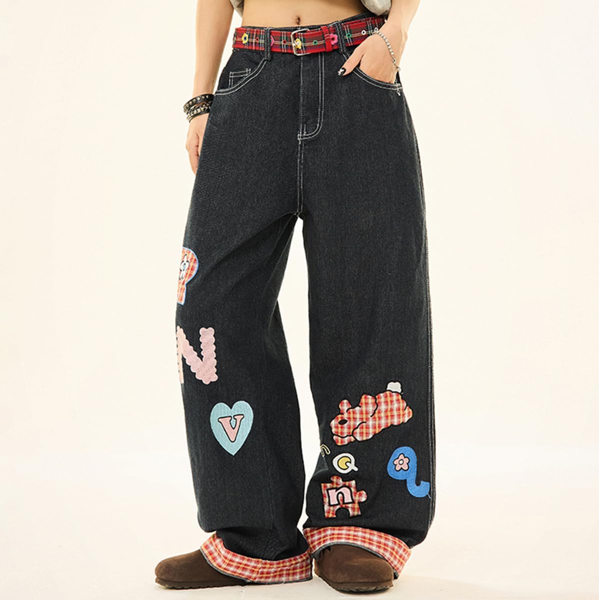 Y2K Fashion High Waist Straight Leg Jeans for Women Cute Printed Plaid Casual Baggy Denim Pants