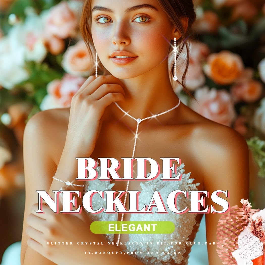 EVILD Long Silver Rhinestone Necklace and Earring Set Prom Bridal Jewelry Sets for Women - Image 5