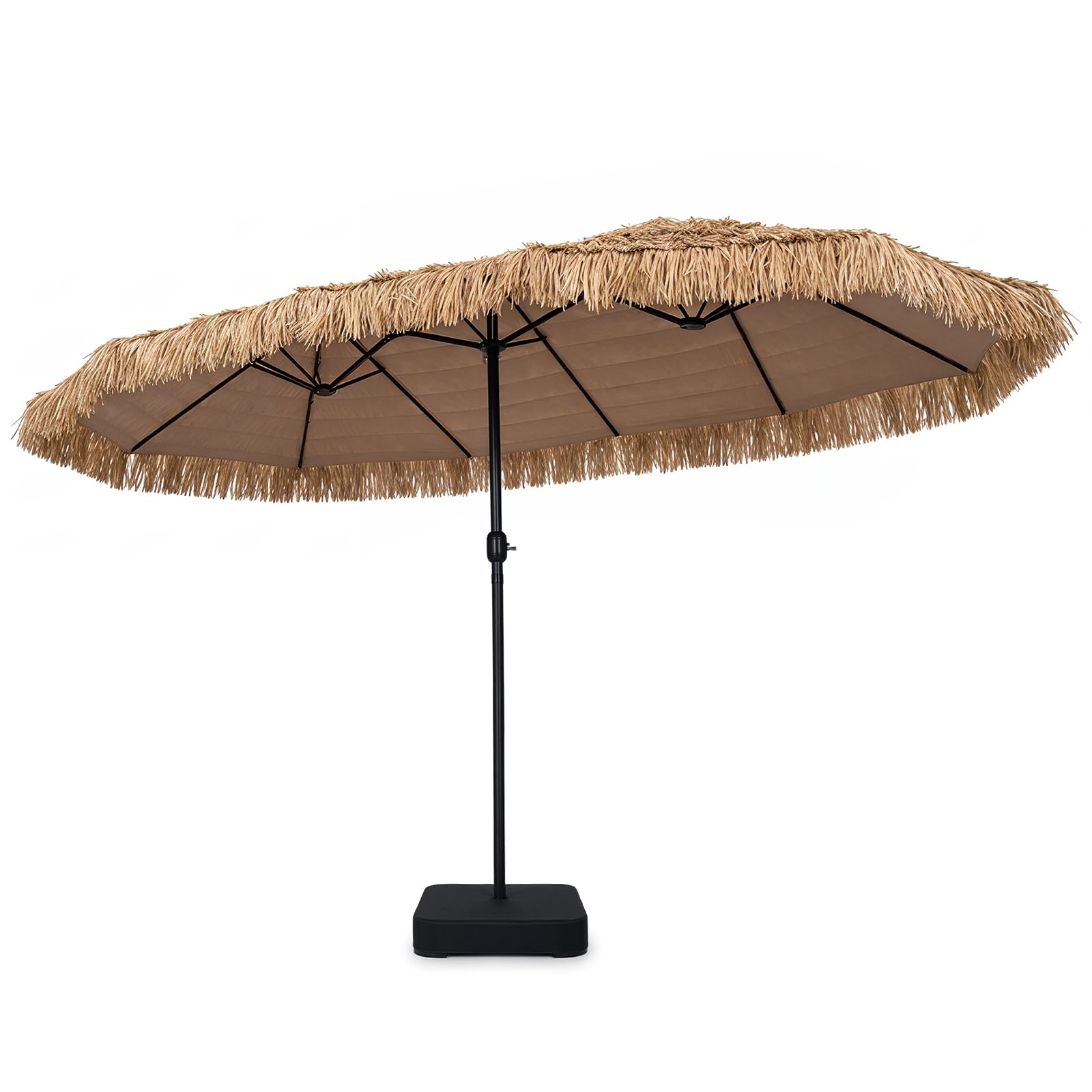 GOPLUS Sombrilla Doble Paja con Base para Terraza (Natural, 450x280 cm) | Parasol Hawaiana con 12 Varillas, Manivela, Pestillo de Seguridad Regulable, Sombrilla Exterior para Playa, Piscina