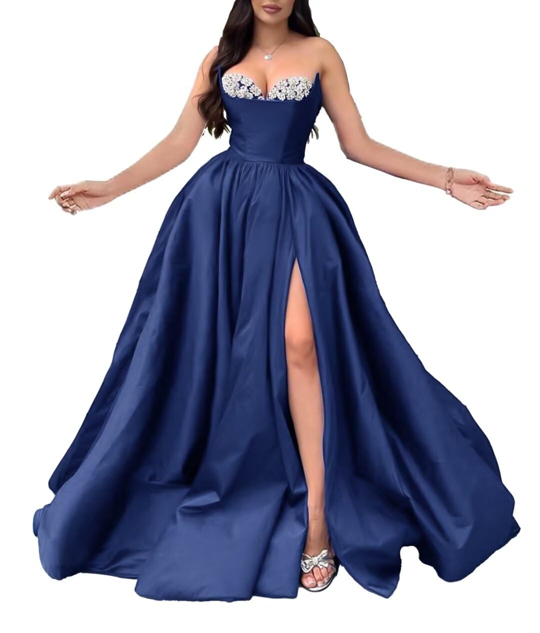 Sequin Beaded Mermaid Prom Dresses 2023 with Detachable Sleeves Satin Sweetheart Long Slit Formal Evening Party Gowns