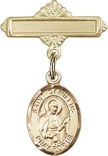 Gold Filled Baby Badge with St. Camillus of Lellis Charm and Polished Badge Pin 1 X 5/8 inches