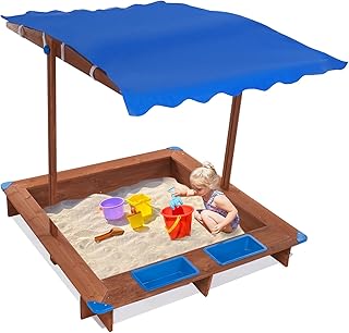 Arenero con techo de 121 x 126 cm, caja de arena de madera, giratorio y altura ajustable, protección contra las malas hierbas y parásitos, color azul