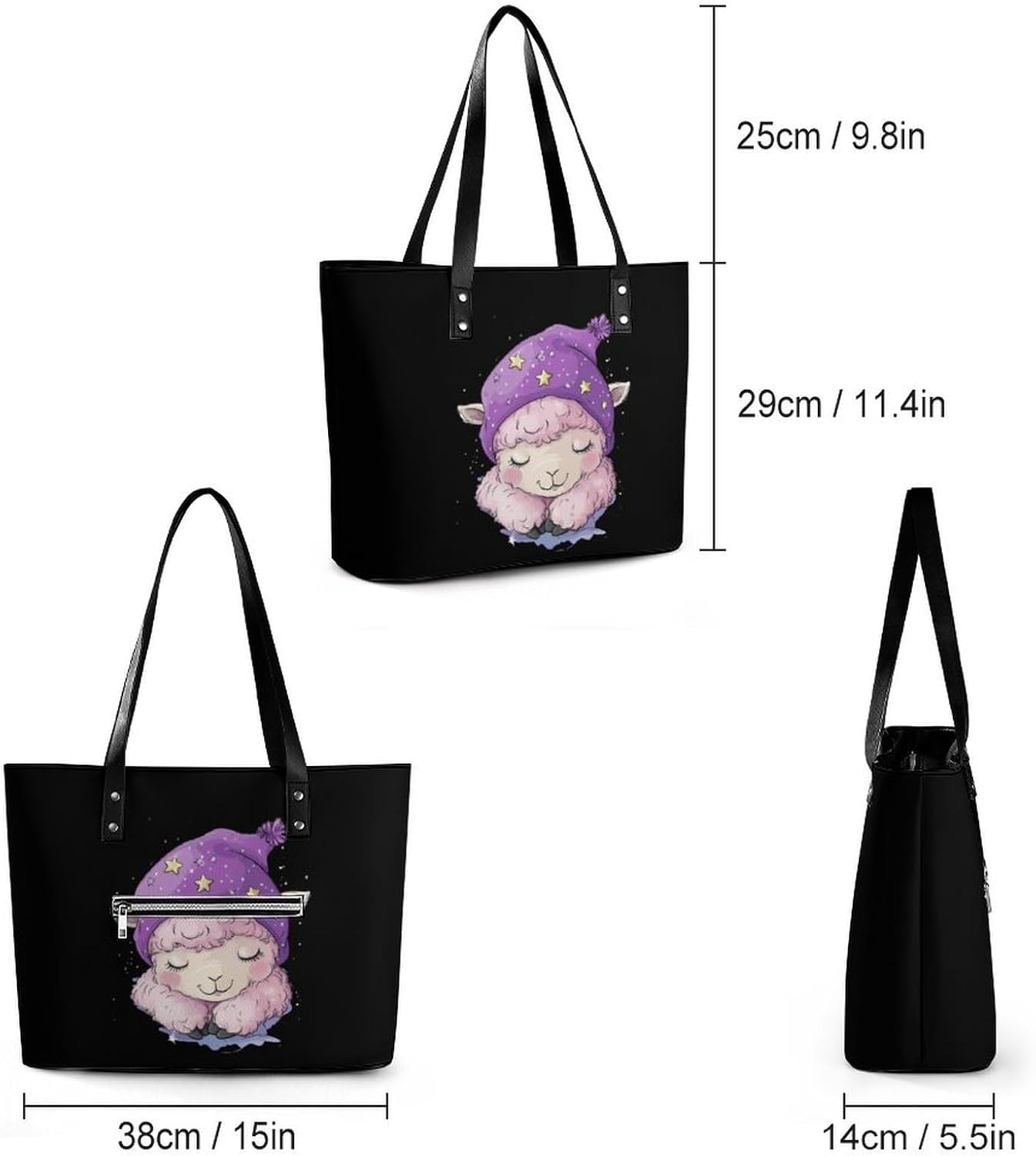 Cute Alpaca Print Womens Handbag Leather Tote Bag Shoulder Bag for Office Travel