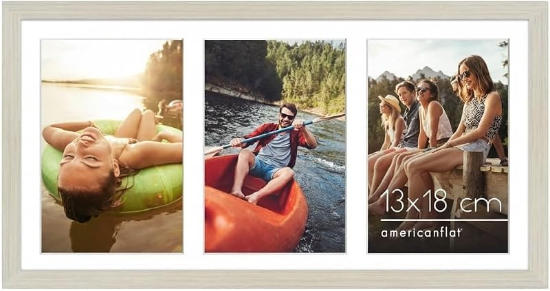 Ramă foto tip colaj Americanflat pentru 3 fotografii de 13x18 cm, lemn deschis la culoare, cu passe-partout de 20x41 cm, sticlă incasabilă, ramă foto din lemn compozit pentru fotografii de familie