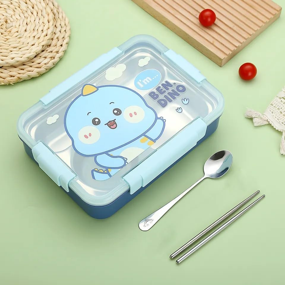 Image of Cartoon Dinosaur Stainless Steel Lunch Box, 4 Compartments with Small Bowl, Spoon and Chopsticks, Insulated Design for School, Office and Travel, Blue