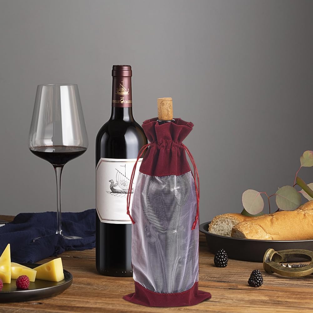 Beebeecraft 4Pcs 13.8x5.9 Inch Red Wine Bottle Bags Velvet Rectangle Champagne Wine Gift Pouches with Visible Window for Birthday Dinner Wedding Party