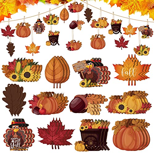 Ferraycle 36 Pcs Thanksgiving Ornaments for Tree Thanksgiving Decorations Turkey Pumpkin Maple Leaves Acorn Ornaments for Small Tree Fall Hanging Wood Cutout Autumn Decor by Ferraycle - Used condition - US$6.02