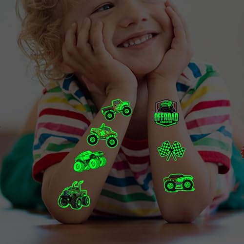 Miniatura 4 de CHARLENT Tatuajes temporales de camión monstruo que brillan en la oscuridad, suministros de fiesta para niños, 74 hojas individuales, tatuajes