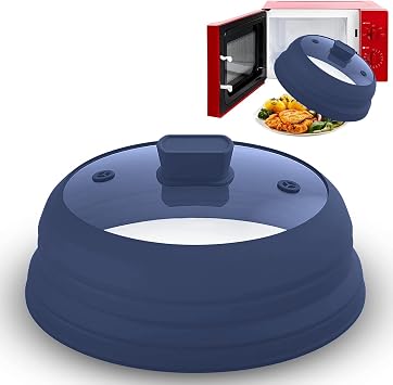 Microwave Splatter Cover Glass 11.8 Inch - Collapsible Microwave Splatter Cover for Plate & Bowl - Tempered Glass Top, Food-Grade Silicone Dome with Heating Vents & Heat-Safe Handle BLUE DARK