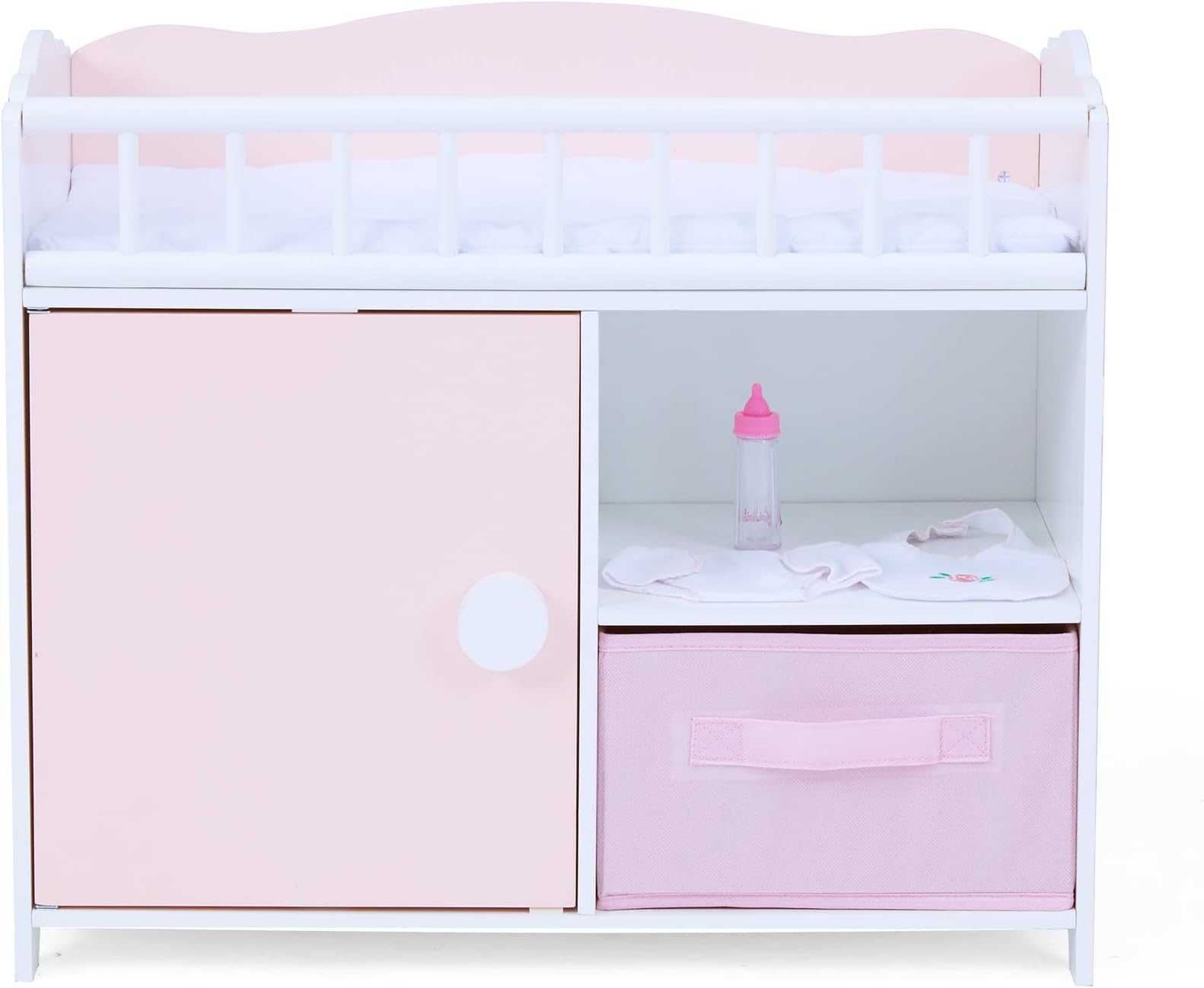 Olivia's Little WorldPolka Dot Princess Wooden Baby Doll Crib with Under-The-Crib Storage Featuring a Cabinet with Door and Two Cubbies, Pink and White