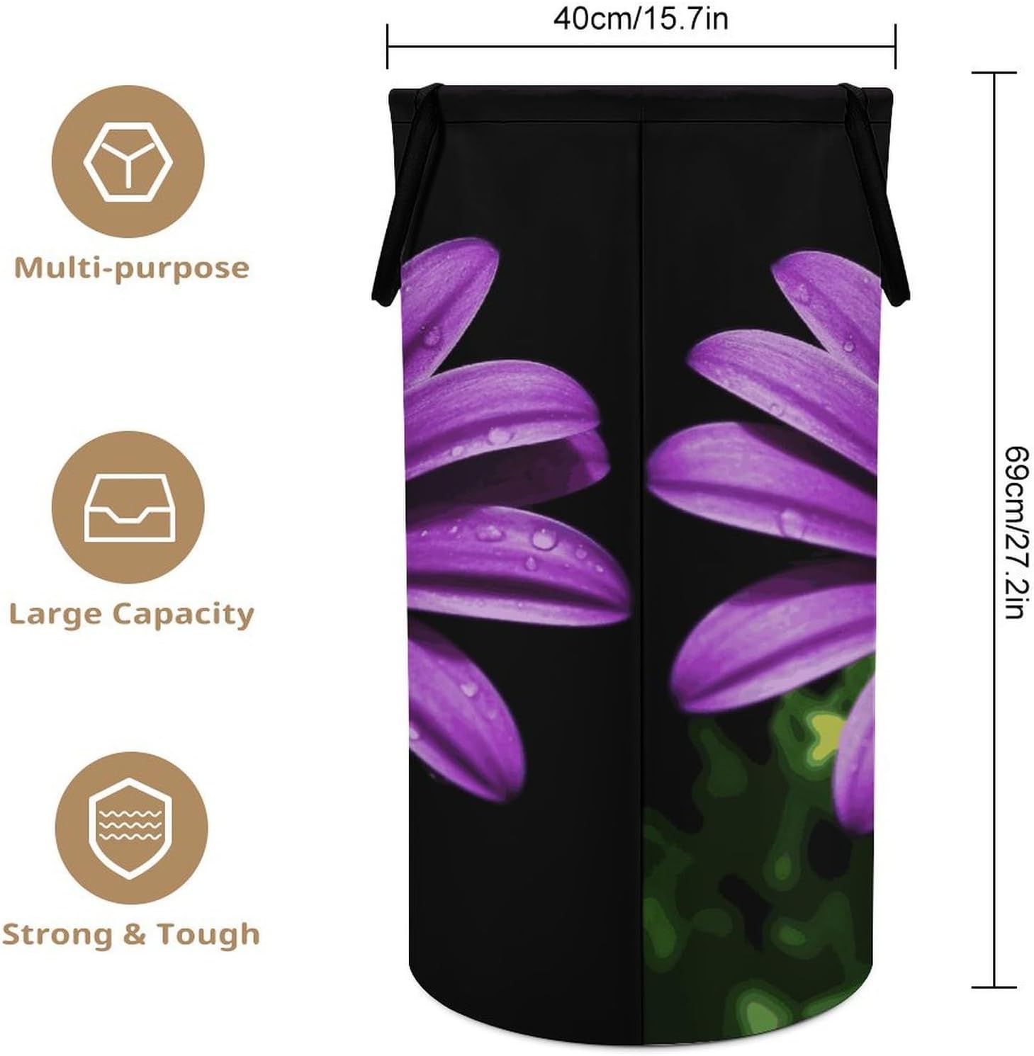 Purple DaisyLaundry Hamper - Large Dirty Clothes Bag.Storage Basket for Easy Carry Handles. Large Clothes Basket with Handles, Clothing Storage Bucket Toy Organizer for Bathroom Bedroom Dorm.